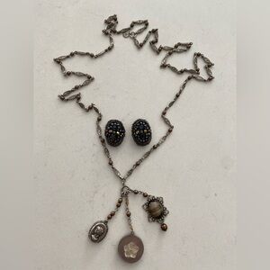 Elegant Silver and Sienna Brown (dark copper)  Necklace and clip Earring Set